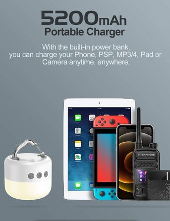 Ліхтар кемпінговий LED WhiteC, акумуляторний USB, 5200 mAh, 4 режими яскравості, димер, магнітний, для туризму та надзвичайних ситуацій