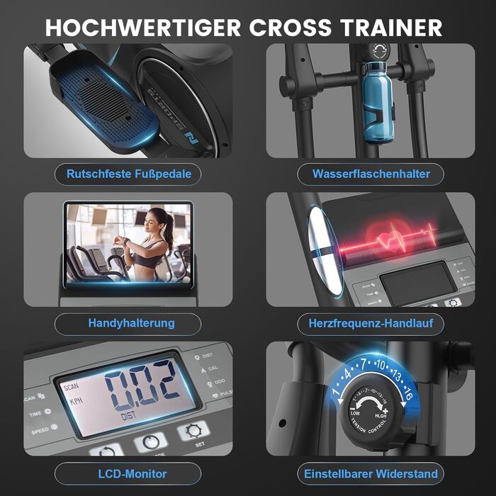 Еліпсоїдний тренажер для дому, ультратихий магнітний тренажер з 16 рівнями опору, 8 кг маховик, 42 см довжина кроку, LCD-монітор, датчик пульсу, максимальна вага користувача 150 кг, чорний колір, LCD монітор (Classic)