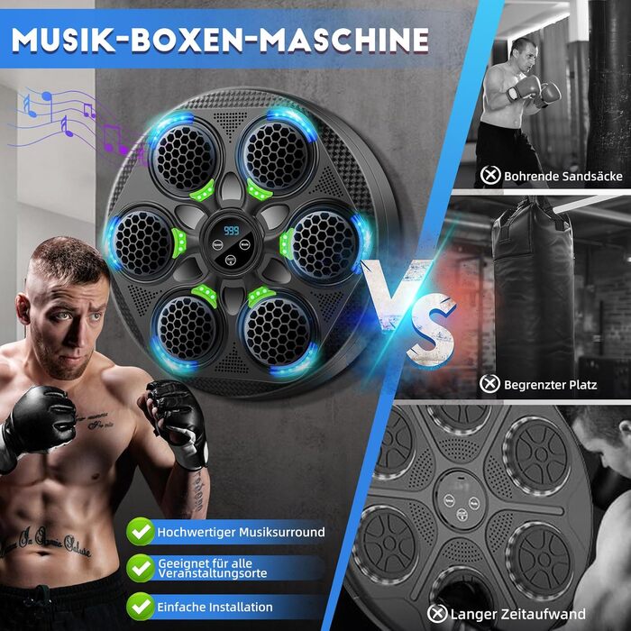 Музичний боксерський тренажер з Bluetooth, настінний, з рукавичками, 15 режимів швидкості та лічильник ударів для дорослих