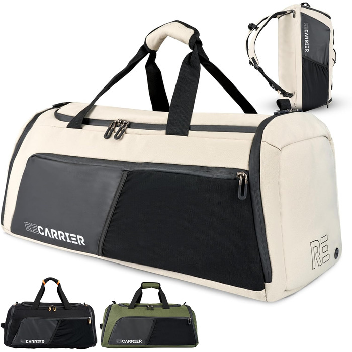 Спортивна сумка [з переробленого PET] 50L – сумка для спортзалу та рюкзак 2в1 – водонепроникна спортивна сумка для чоловіків та жінок – спортивний рюкзак з відділенням для взуття, велика туристична сумка (Савана Бежевий)