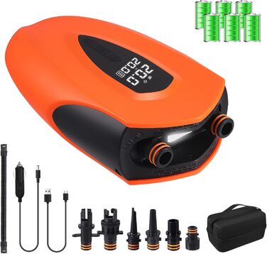 Електричний насос для SUP з акумулятором 12000mAh, 20PSI, 6 насадок для надування/здування, 12V DC, автовимкнення, для SUP, серфінгу, наметового обладнання, матраців