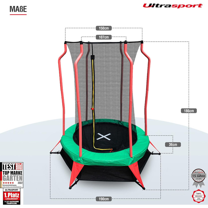Батут Ultrasport Uni-Jump для дітей: Ø 140/183/244/305/366/460 см, до 150 кг, комплект з сіткою, захистом та монтажним набором
