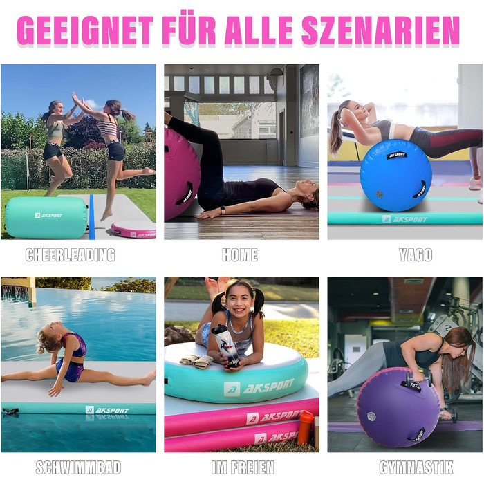 Airtrack AKSPORT з роликом для гімнастики: надувна килимок для дому, йоги, чеерлідингу, акробатики, ролінгів, 3м, рожевий