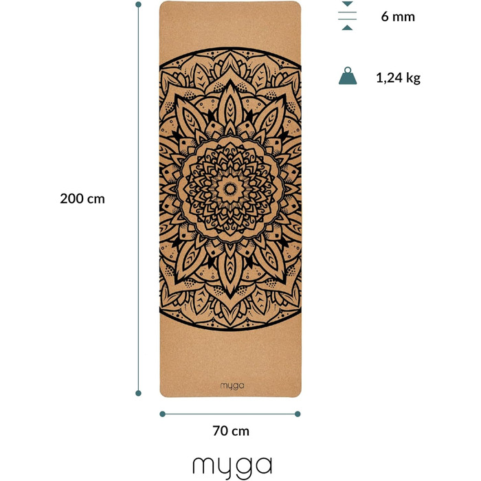 Йога мат Myga XL Kork: 200x70 см, 6 мм, з натуральної кори, протиковзаюча, для йоги, пілатесу, медитації та фітнесу. Малюнок мандала