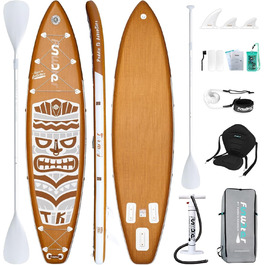Надувна SUP-дошка FunWater Retro Tiki 11'6''x33'' з подвійною помпою, веслом, сидінням, ременем для перенесення, коричнево-біла, 3 роки гарантії, екстра довга та широка