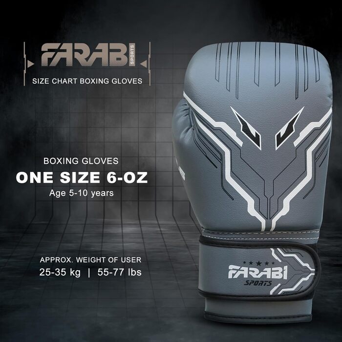 Боксерські рукавички Farabi для дітей (5-10 років), 6oz, сірі - MMA, Муай Тай, бокс