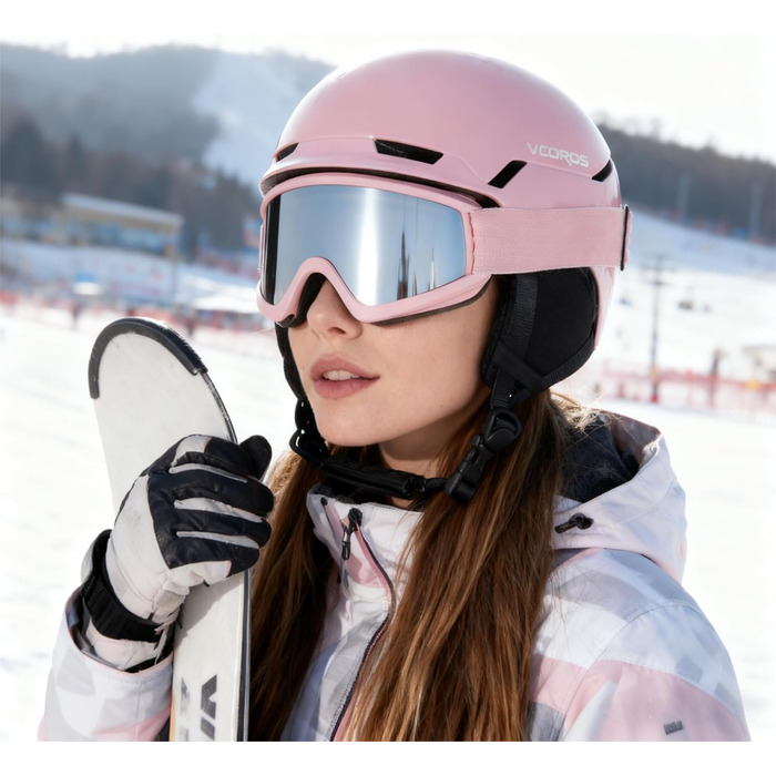 Шлем для лижного спорту Skihem DXH816 з маскою та захистом вух, для жінок та чоловіків, знімні навушники, дихаючий, захист від ударів, UV-захист, регульований, для сноуборду та лиж (Блискучий рожевий + лижні окуляри + маска, M)