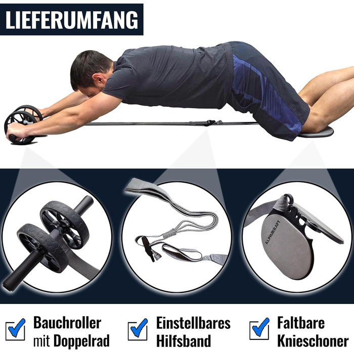 ALPHAKRAFT Ролик для пресу AB Roller з гумовим кільцем та накладками на коліна | Преміум ролик для тренування м'язів живота вдома | Ролик для пресу та тренажер для кора з планом тренувань