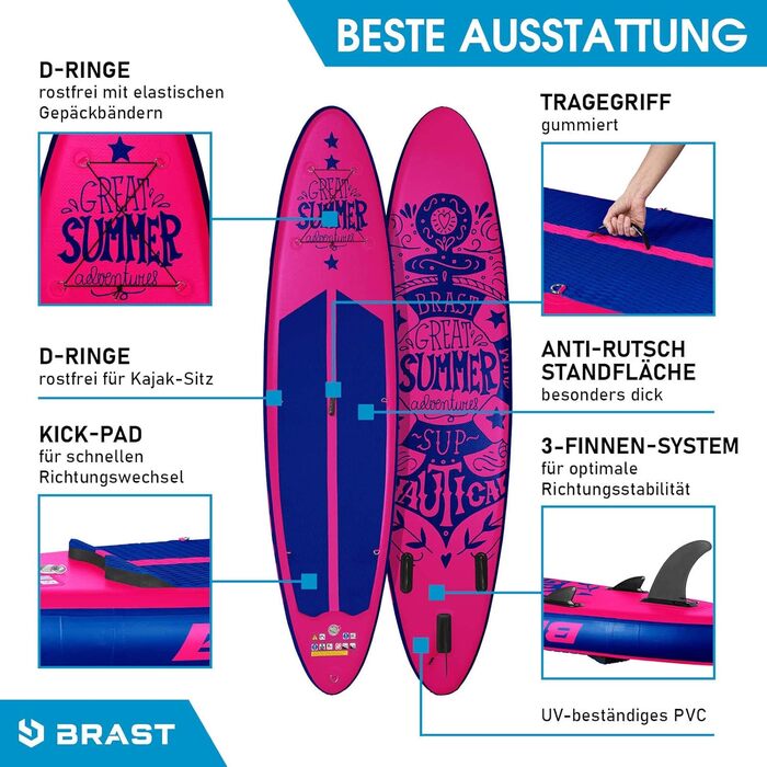 BRAST SUP-дошка надувна 320x81x15 см, комплект: 2-в-1 весло, каяк-сидіння, кріплення для екшн-камери, ремінець, рюкзак, 5 років гарантії, 6 дизайнів