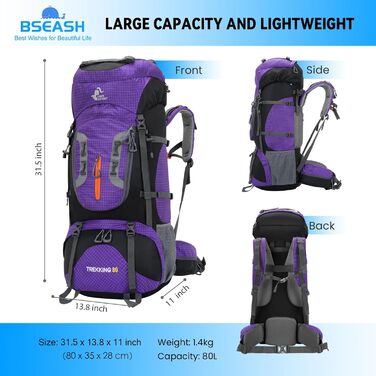 Водонепроникний туристичний рюкзак Bseash 80L з дощовиком, легкий рюкзак для походів, альпінізму та подорожей, фіолетовий