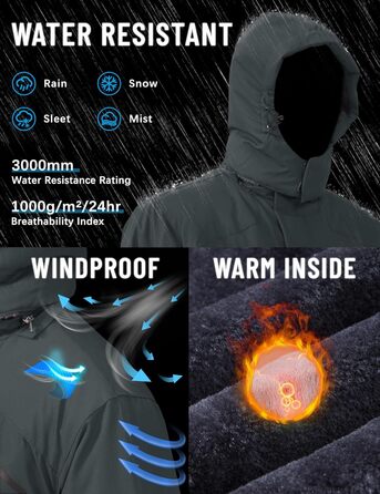 TACVASEN чоловіча зимова водонепроникна вітрозахисна куртка з флісовою підкладкою, для катання на лижах, водонепроникний дощовик з капюшоном, армійного кольору (XXL, вугільно-сірий)