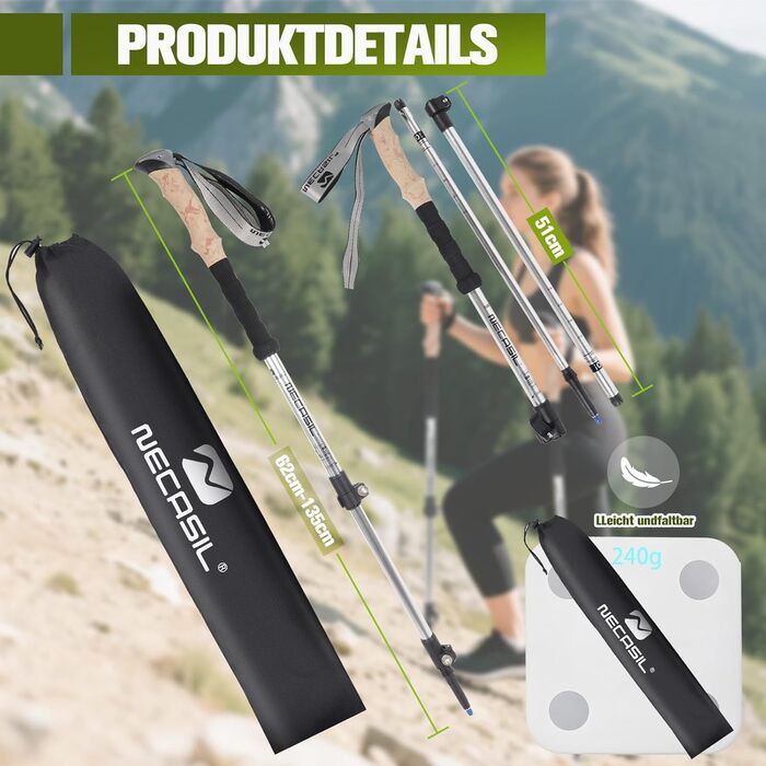 Телескопічні палиці для скандинавської ходьби Nordic Walking з корковими ручками, алюмінієві регульовані палиці для хайкінгу та прогулянок, 62–135 см, чорні (Upgrade 2025)