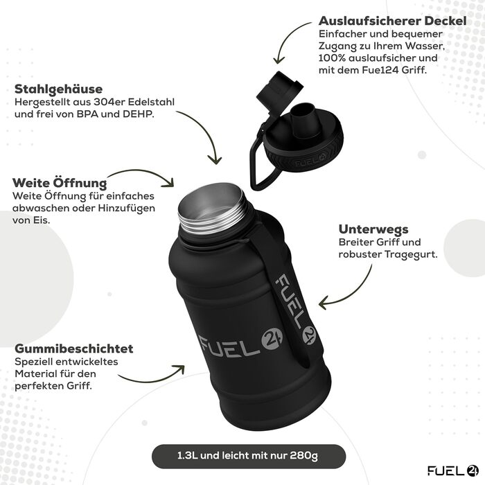 Металева пляшка для води Extra Stark 1.3L та 2.2L - Без витоку, BPA-Free - Міцна пляшка для спортзалу, спорту та дорослих (1300 мл, Чорний)