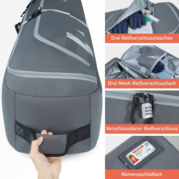 TOURIT Набір для перевезення лиж та черевиків: валіза для лиж на 2 пари (195 см), водонепроникний матеріал 900D Oxford, з колесами, сірий