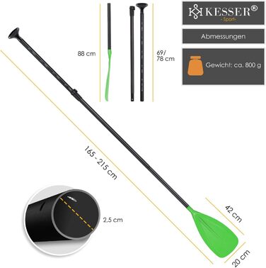 Весло KESSER 3-в-1 для каяка та SUP, алюмінієве, телескопічне 165-215 см, антиковзне, для сапборда, серфінгу, човна, зелене