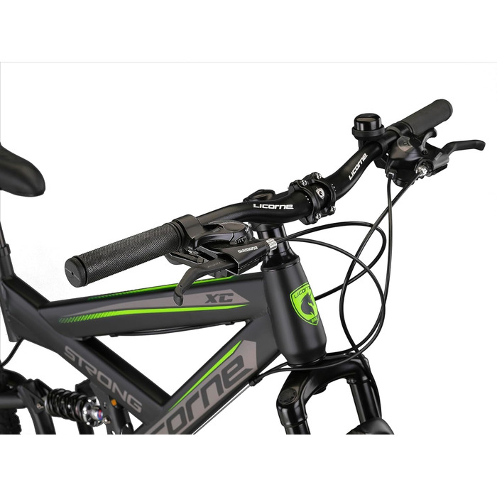 Гірський велосипед Licorne Bike Strong 2D Premium 27,5 дюймів, для хлопців, дівчат, жінок і чоловіків, з дисковими гальмами, 21 швидкість, повна амортизація, чорний/лайм