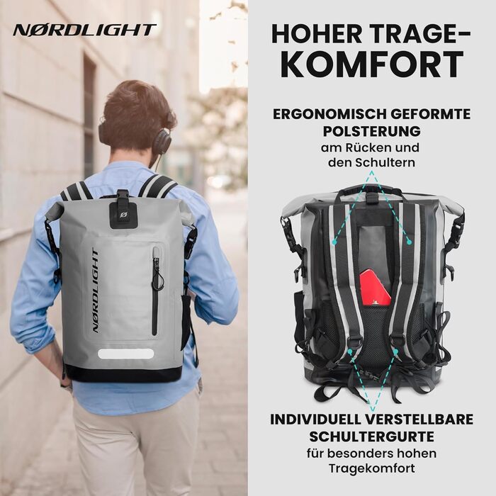 Водонепроникний рюкзак Nordlight Roll Top 25L Hybrid 25' з відділенням для 15-дюймового ноутбука, зовнішніми та внутрішніми кишенями, та комфортною системою перенесення. Антрацитовий сірий колір.