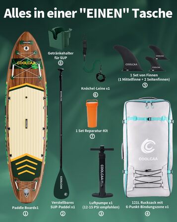 SUP дошка COOLCAA 355 см (Extra Large) надувна, з веслом та аксесуарами, для дорослих до 222 кг, Jungle Echo