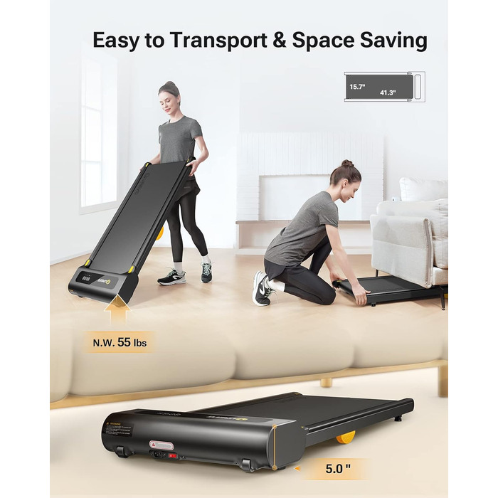 Біговий доріжки з APP, Smart Walking Pad з подвійною амортизацією, ультратонкий біговий стіл з великою зоною бігу для дому/офісу, max 120 кг з пультом дистанційного керування та LED-дисплеєм [SpaceWalk Lite] (Чорний з APP)
