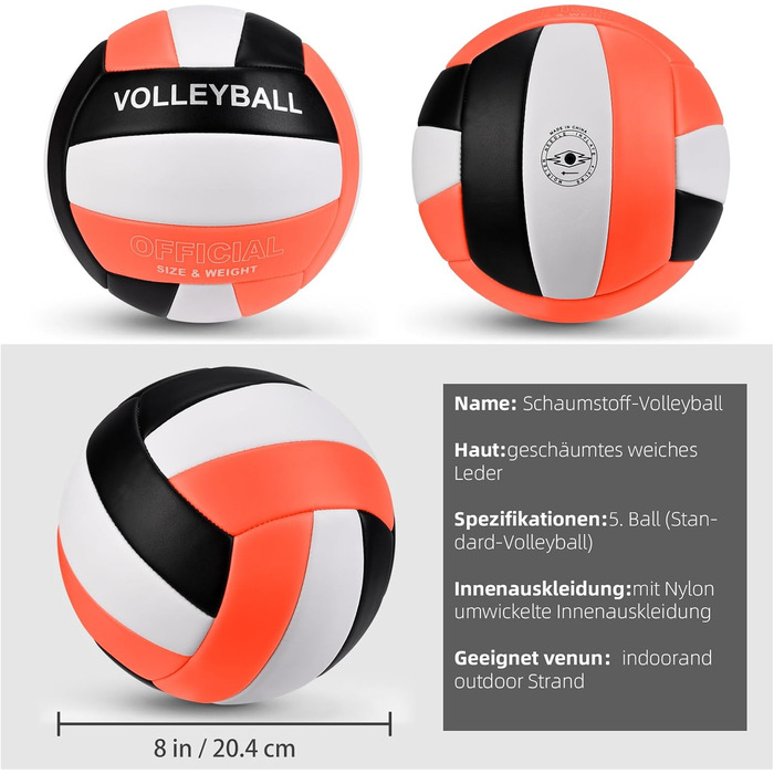 Волейбольний м'яч Dakapal 5, для залу та пляжу, м'який, для початківців, підлітків та дорослих (без насоса). Оранжевий