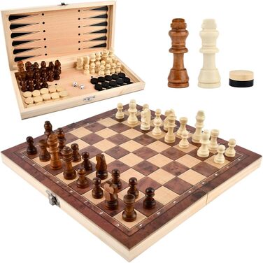 Шаховий набір дерев'яний 3 в 1, 29x29 см: шахи, шашки, шашки-кірпічі. Складаний, портативний, для подорожей, сім'ї, вечірок. Преміум якість.