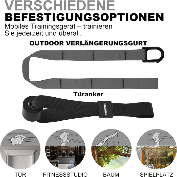 Слінг-тренажер для дому: повний комплект для тренувань всього тіла з дверним анкером, регульованими ременями, ручками та сумкою – фітнес-обладнання для дому (сірий)