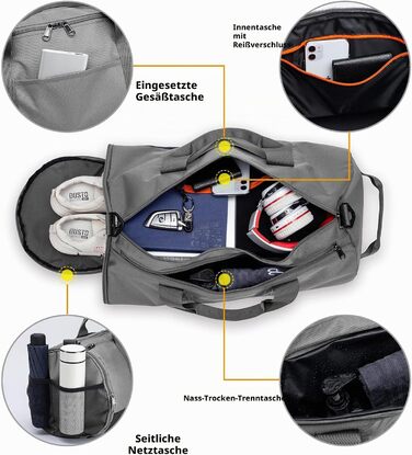 Спортивна сумка TUGUAN 40L для чоловіків з відділенням для взуття та вологих речей, сумка для тренувань, фітнесу, баскетболу та футболу, сіра