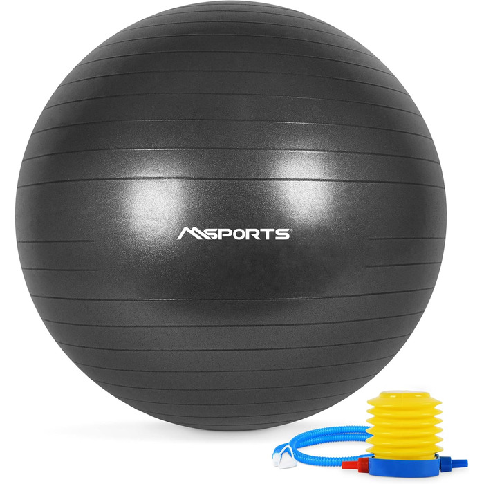 Гімнастичний м'яч MSPORTS Premium 85 см, антрацит, анти-вибух, з насосом, додатком та постером для вправ, фітнес та реабілітації