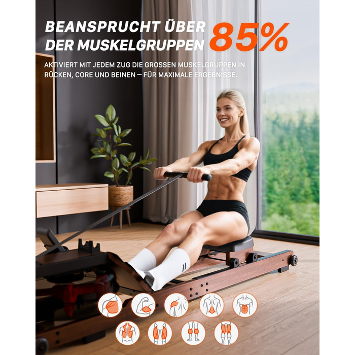 Гребний тренажер Aeriflo W200: Складний дерев'яний тренажер для дому з Bluetooth монітором та зручним сидінням