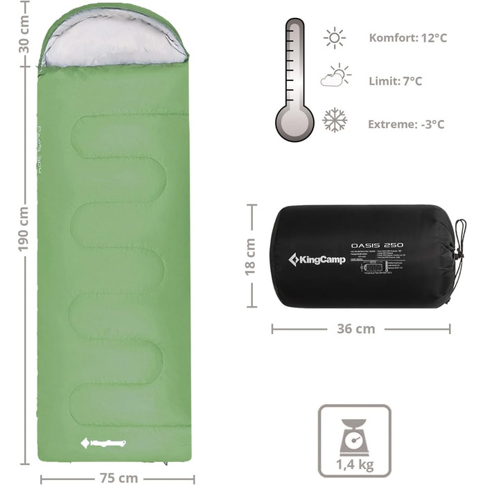 Спальний мішок KingCamp Oasis 250 - літній, для кемпінгу та відпочинку на природі, зелений, довжиною 2.2м, шириною 2.2м, температура комфорту -3°C