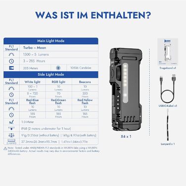 WUBEN X4 Mini LED ліхтарик з RGB підсвічуванням, 1500 люменів, IP68, тактичний, для кемпінгу та надзвичайних ситуацій, чорний