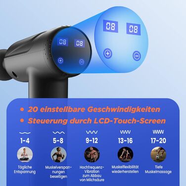 Масажер для тіла, пістолет для масажу 20 режимів, LCD-екран, бездротовий, глибокопроникний, 10 насадок, чорний