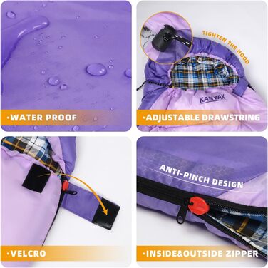 Спальний мішок для кемпінгу, дорослих, дітей та підлітків, 3-4 сезони, для холодного клімату, фіолетовий