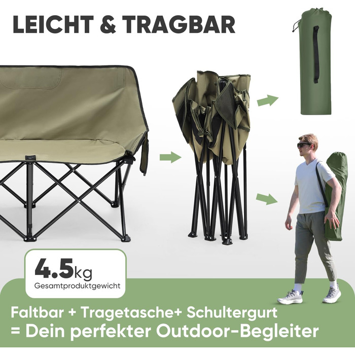 Складане кемпінгове софа для 2 осіб Sunula - портативний стілець з підлокітниками та сумкою, для пікніка, кемпінгу, саду, балкону, риболовлі (оливковий, 110 см)