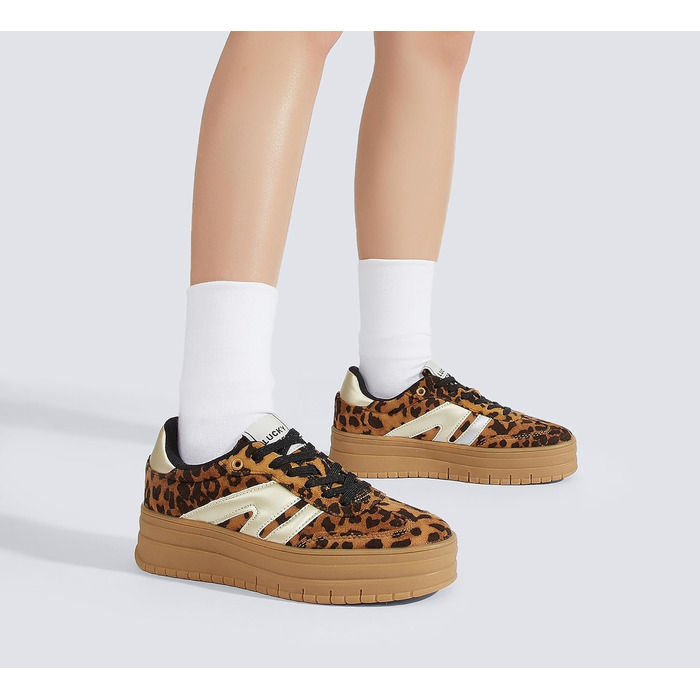 Кросівки LUCKY STEP Plateau Sneaker для жінок - платформа, канвас, ретро стиль, низький профіль, зручні для повсякденного носіння, бежево-зелені (41 EU, леопард)