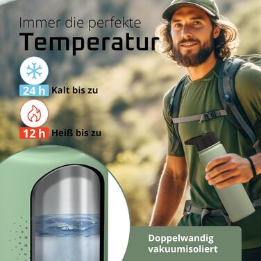 Фляга ACTIVE FLASK з нержавіючої сталі з трубочкою (3 кришки), BPA-free, не протікає, підходить для газованої води - спортивна пляшка, термопляшка, ізотермос, фляга для дітей, чай (680 мл, Sage)