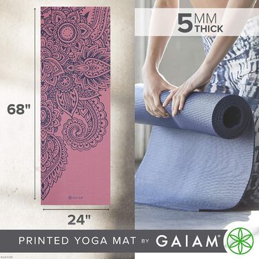 Йога мат Gaiam Premium 5 мм - неслизька тренувальна фітнес-мат для йоги, пілатесу та фітнесу (172.7 x 61 x 5 мм, Paisley Tropical)