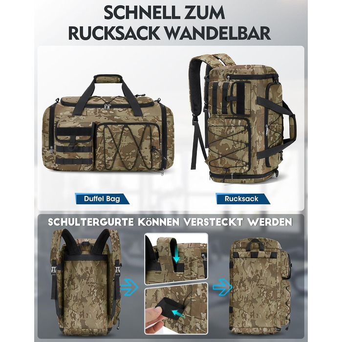 Спортивна сумка RAINSMORE 45L 3-в-1 для фітнесу та подорожей з відділенням для взуття та вологих речей, водонепроникна дорожня сумка (Хакі Камуфляж)