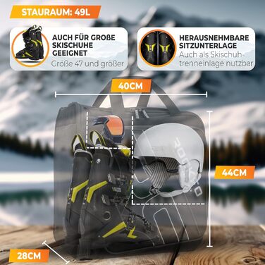 Сумка для лижних черевиків з відділенням для шолома, міцна водонепроникна сумка, зручний 7-зонний рюкзак для лижних черевиків, шолома та маски, 49L, чорний/сірий