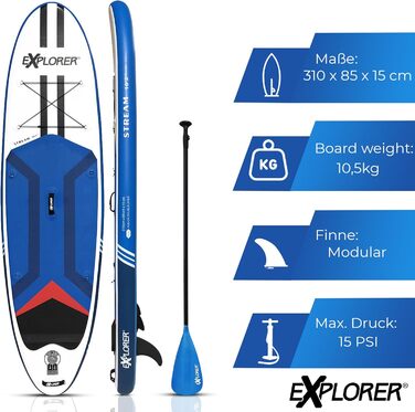 Надувна SUP-дошка EXPLORER STREAM 10.2, комплект до 180 кг, з алюмінієвим веслом, рюкзаком, насосом, плавцем та ремнабором