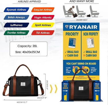 Дорожня сумка для жінок 40x20x25 см Ryanair, водонепроникна спортивна сумка, тревел-дафл з відділенням для взуття, чорна-коричнева