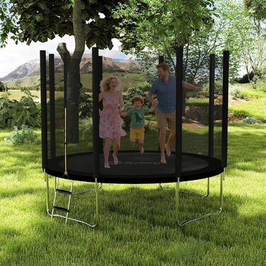 Трамплін Sekey Outdoor Ø 244/305/366 см - сертифікований TÜV Rheinland GS, дитячий, для саду з безпечним мотузковим драбиною, посиленим захисним сіткою та захисним бордюром (Чорний, 366 см/12 футів)