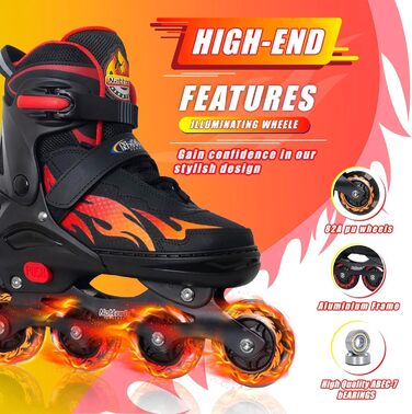 Дитячі ролики Nattork з регулюванням розміру, Nezha Inferno, для хлопчиків та дівчаток 6-16 років, стильні, червоні