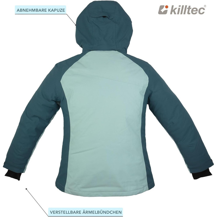 Комплект жіночого гірськолижного костюма Killtec - куртка та штани, водонепроникний та дихаючий, 10000 мм водяний вищий показник, без PFC, куртка зі снігозахисним манжетом, штани з кантозахистом, 2-х частинний, petrol / світло-петроль