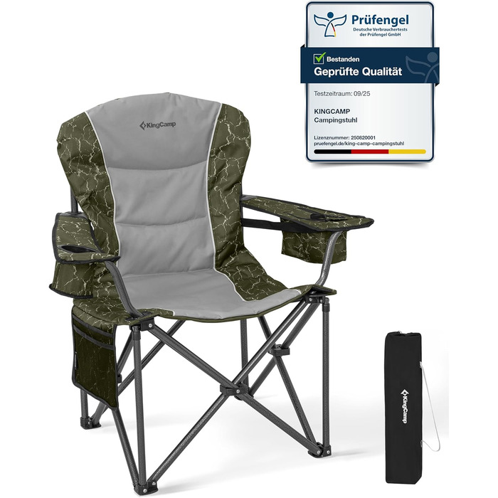 Крісло для кемпінгу KingCamp XXL, розкладне, до 205 кг, чорне. З регульованою спинкою, підсклянником та кишенею для напоїв. Ідеальне для риболовлі та відпочинку на природі.