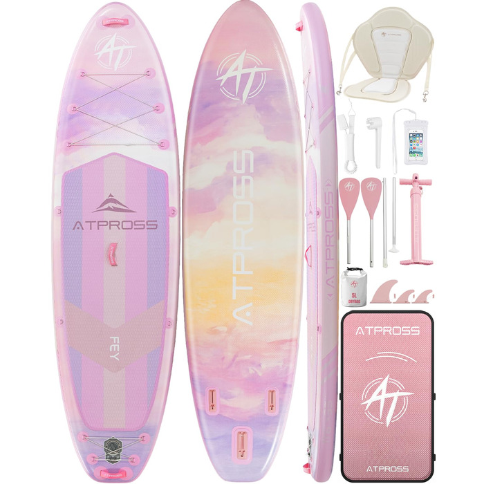 SUP дошка надувна 11'6'x35' для дорослих, рожева з градієнтом, з каяковим сидінням та аксесуарами - для йоги, вантажопідйомність до 181 кг