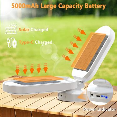 LED кемпінговий ліхтар Hapfish на акумуляторі, 5000mAh, сонячний, вологостійкий, для намету, чорний, білий