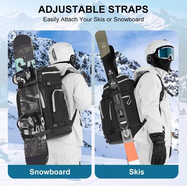 Чохол для лижних черевиків з відділенням для шолома, 65L туристичний рюкзак для лиж, водонепроникний мішок для лиж, сноуборду, лижного спорядження (чорний)