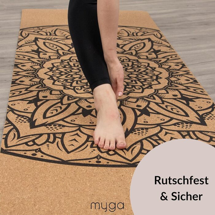 Йога мат Myga XL Kork: 200x70 см, 6 мм, з натуральної кори, протиковзаюча, для йоги, пілатесу, медитації та фітнесу. Малюнок мандала