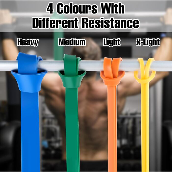 Фітнес-гумки WuGU: набір з 4 рівнями опору для силових тренувань, йоги та пілатесу (жовтий, оранжевий, зелений, синій)